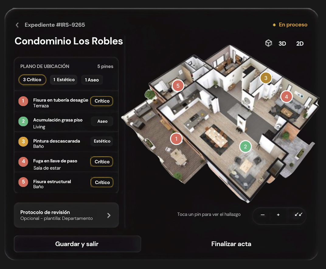 Pantalla de InspectaRS mostrando el expediente de un inmueble con el plano y los pines de hallazgos marcados